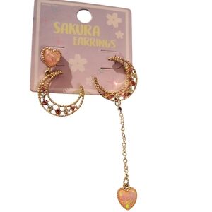 Sakura Gold Crescent & Pink Heart Asymmetric Drop Earrings
